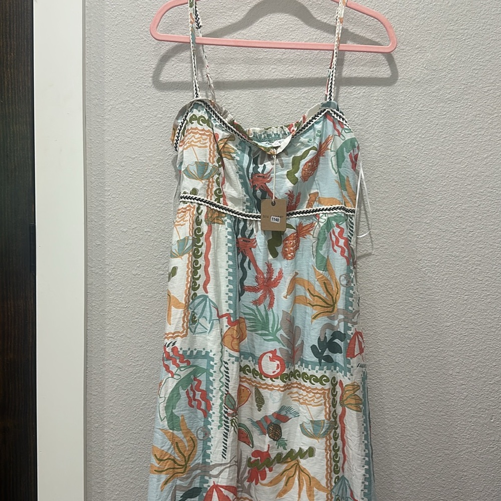 Blu Pepper Summer Print Braid Trim Sleeveless Midi Dress Sage Multi Color Size L - Picture 5 of 6